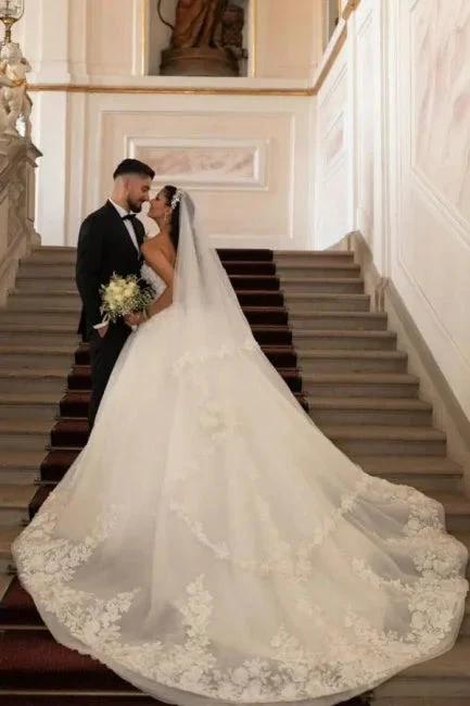 Beautiful Princess Long A-line White Strapless Wedding Dresses with Lace - Image 3
