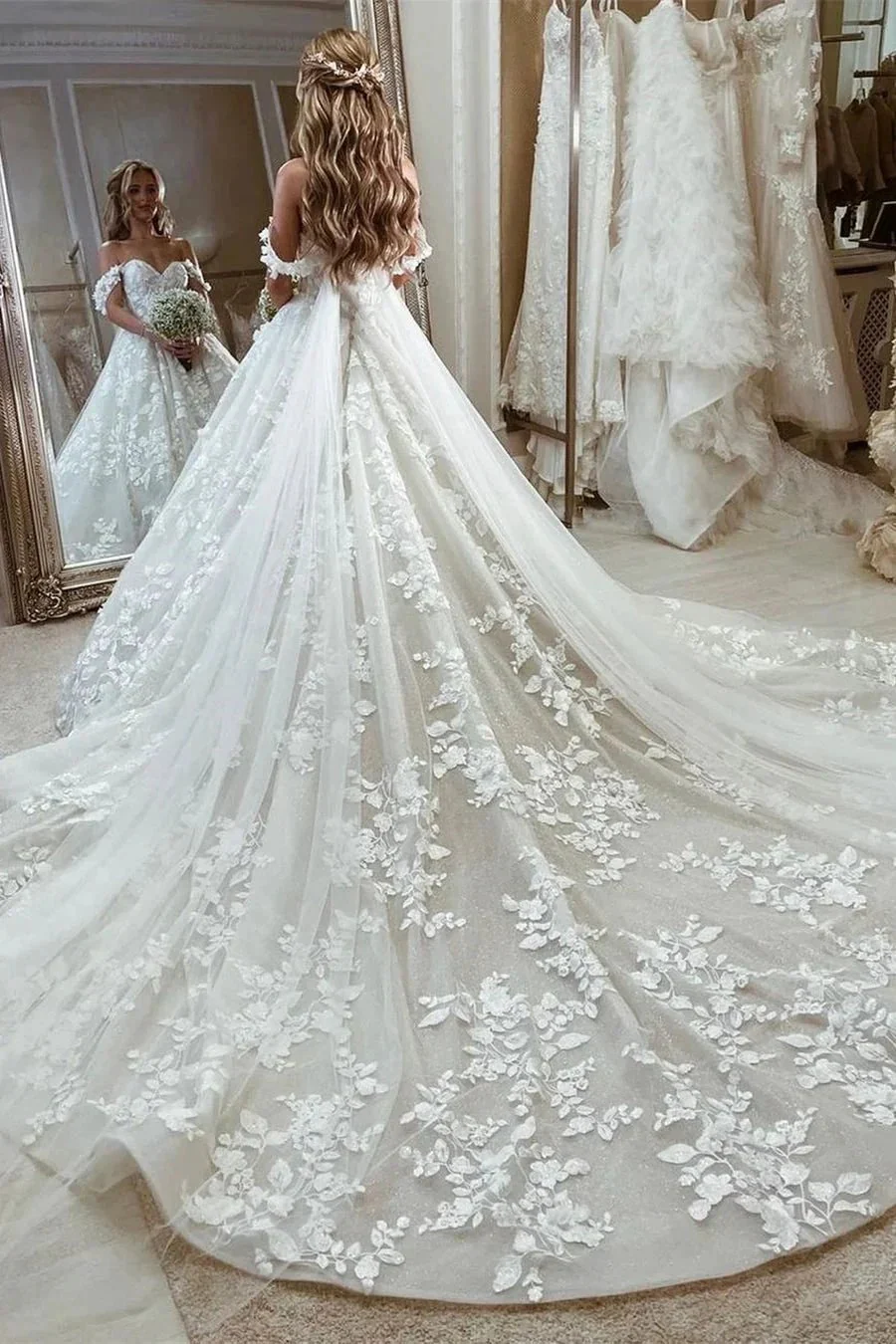 Beautiful Princess Off-the-shoulder A-line Appliques Wedding Dress With Train - Image 2