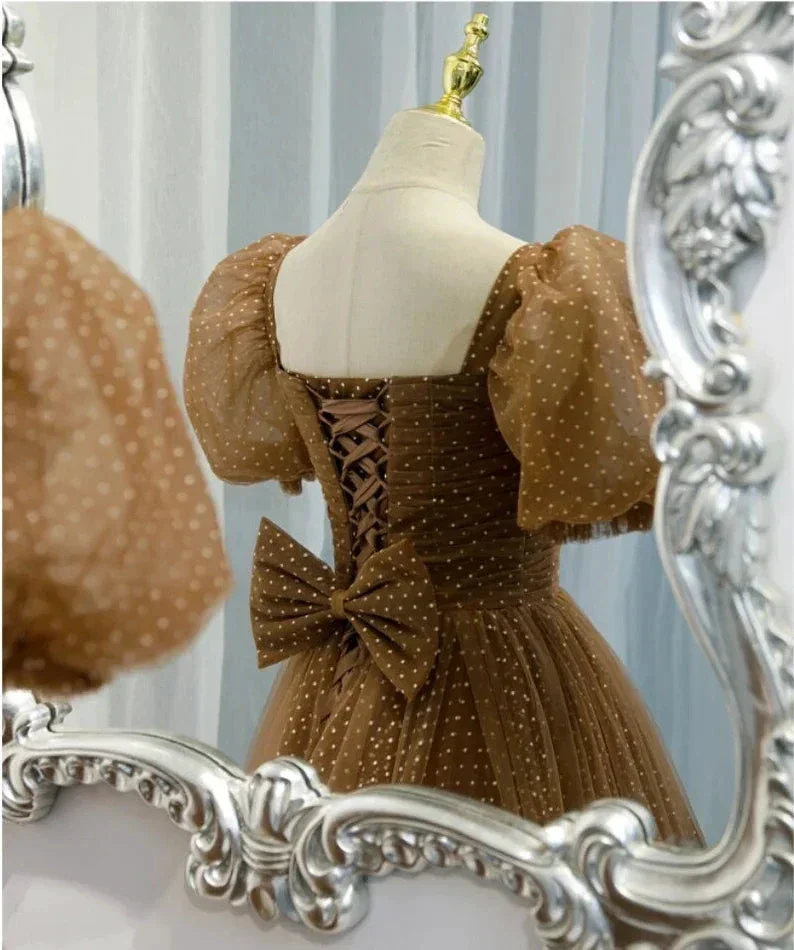 Beautiful Prom Dress New Brown Evening Dress Elegant Collar Puff Sleeve A-line Floor-length Point Prom Formal Gowns  Y1174 - Image 3