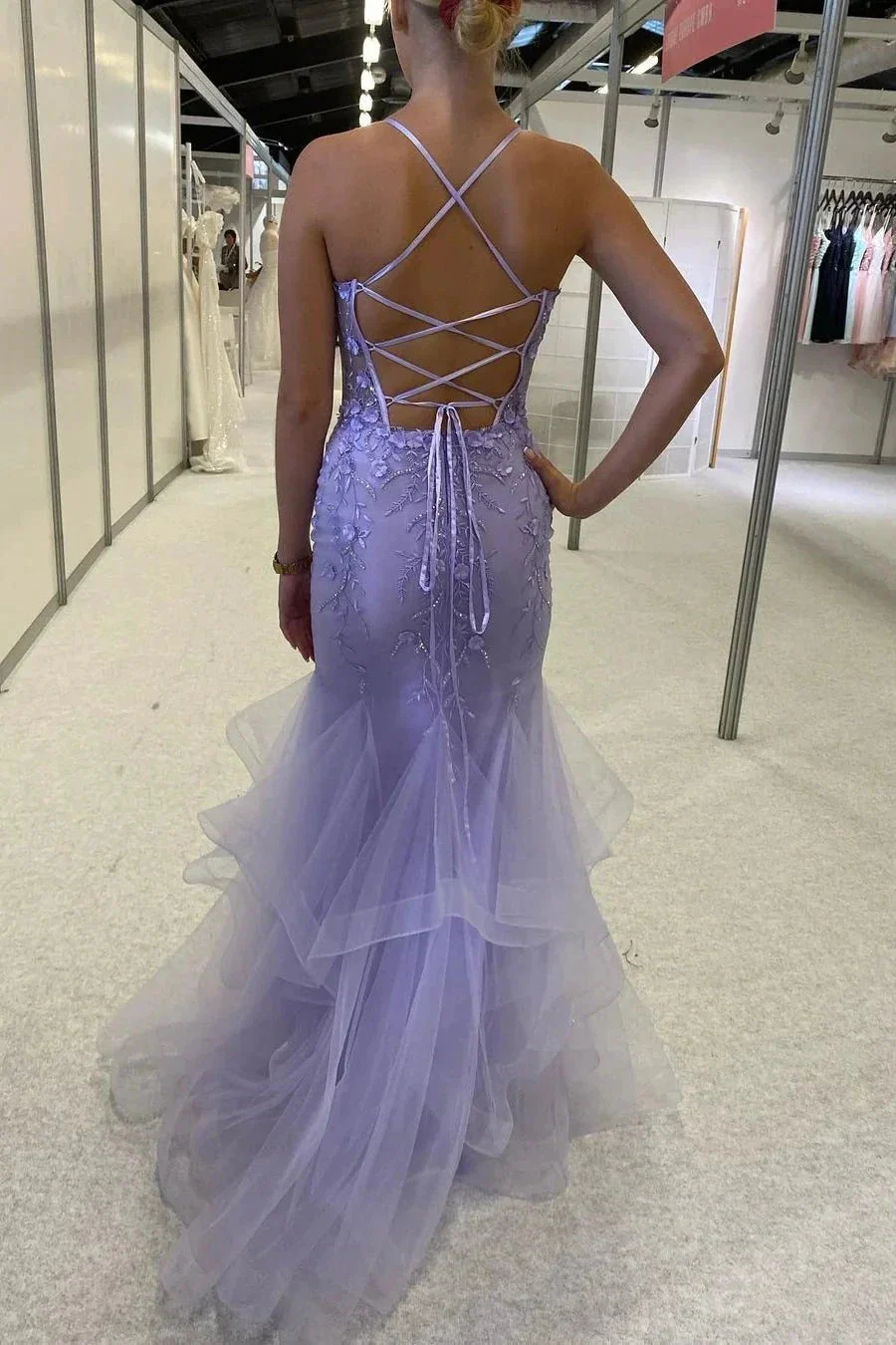 Beautiful Purple Spaghetti Straps Lace Sleeveless Prom Dress With Slit - Image 2