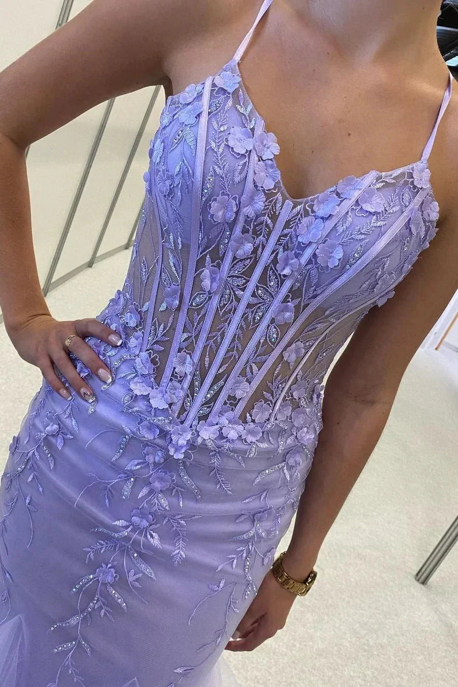 Beautiful Purple Spaghetti Straps Lace Sleeveless Prom Dress With Slit - Image 3