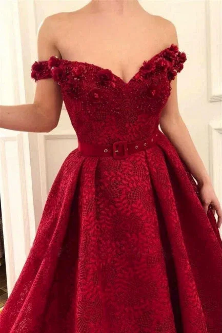 Beautiful Red Off-the-shoulder A-line Lace Prom Dress With Ruffles - Image 2