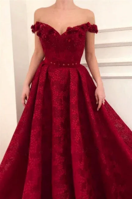 Beautiful Red Off-the-shoulder A-line Lace Prom Dress With Ruffles - Image 3