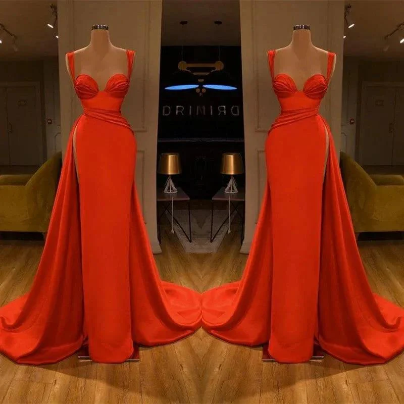 Beautiful Red Starps Sweetheart Long Prom Dress With Split - Image 2