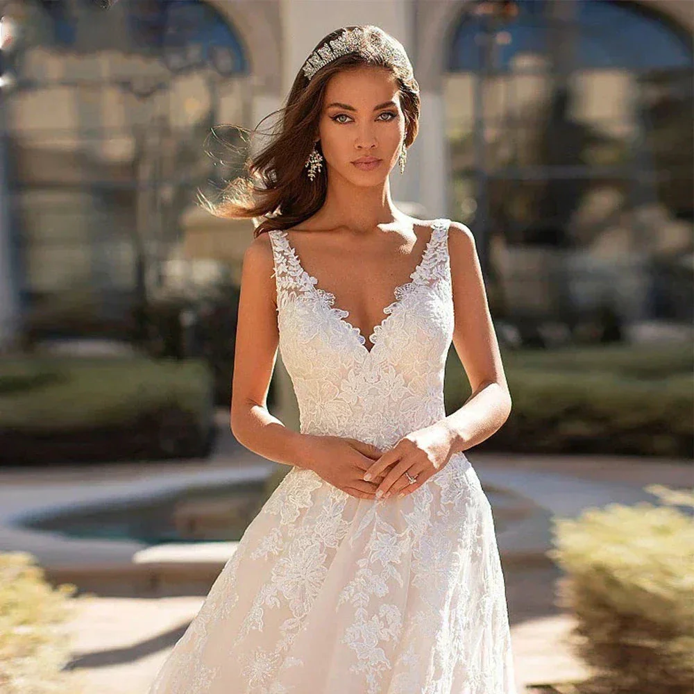Beautiful Romantic A-line V-neck Sleeveless Sexy Backless Wedding Dresses New For Women Grace Flowers Gorgeous Bridal Gowns - Image 2