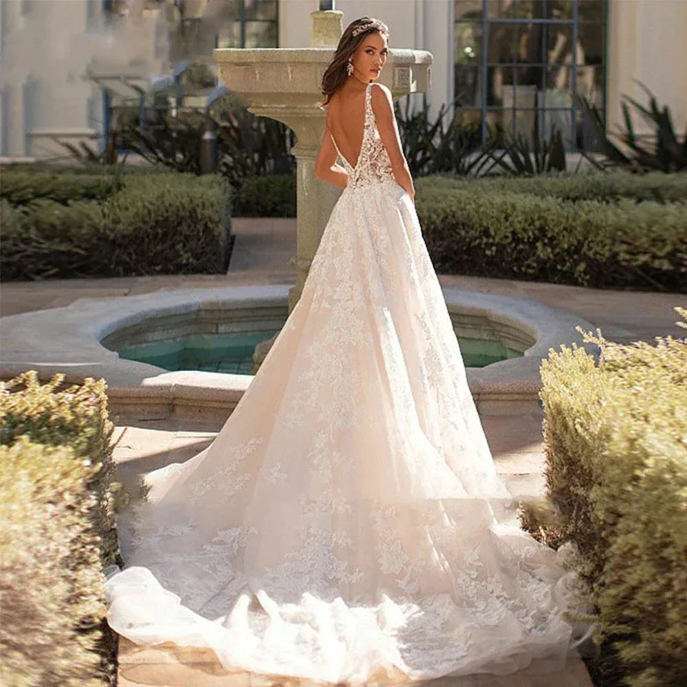 Beautiful Romantic A-line V-neck Sleeveless Sexy Backless Wedding Dresses New For Women Grace Flowers Gorgeous Bridal Gowns - Image 3