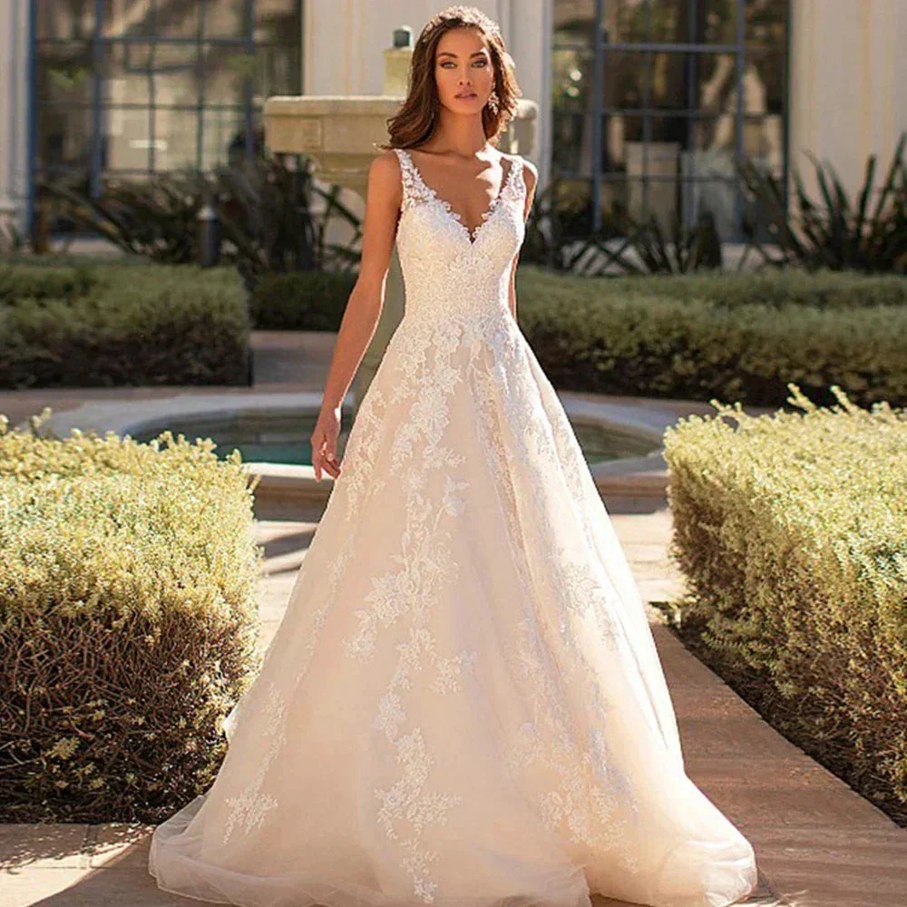 Beautiful Romantic A-line V-neck Sleeveless Sexy Backless Wedding Dresses New For Women Grace Flowers Gorgeous Bridal Gowns - Image 4