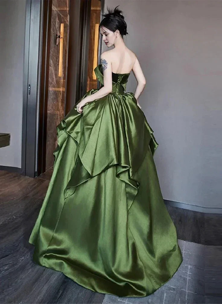 Beautiful Ruched Layered Formal Prom Dress A Line Green Satin Long Ball Gown Evening Dress Y7995 - Image 2