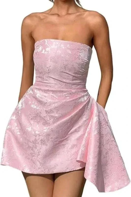 Beautiful Ruched Satin Mini Party Dress Strapless Floral Jacquard Homecoming Dress with Pocket - Image 2