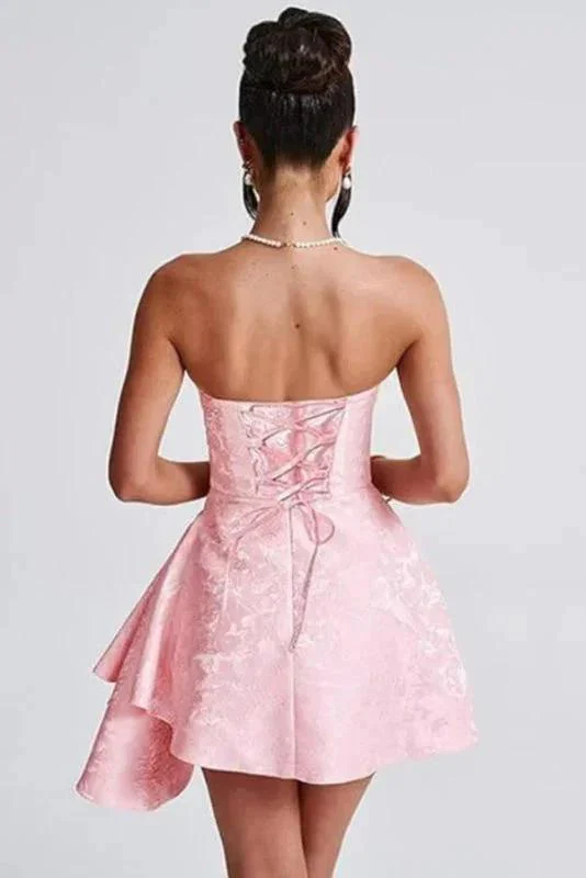 Beautiful Ruched Satin Mini Party Dress Strapless Floral Jacquard Homecoming Dress with Pocket - Image 3