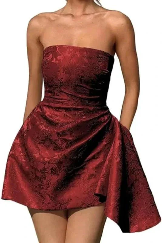 Beautiful Ruched Satin Mini Party Dress Strapless Floral Jacquard Homecoming Dress with Pocket - Image 6