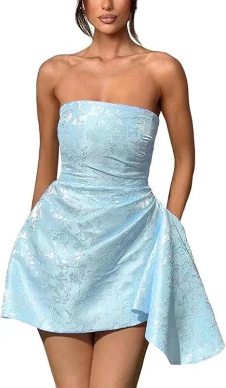 Beautiful Ruched Satin Mini Party Dress Strapless Floral Jacquard Homecoming Dress with Pocket - Image 7