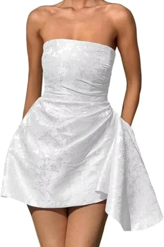 Beautiful Ruched Satin Mini Party Dress Strapless Floral Jacquard Homecoming Dress with Pocket - Image 8