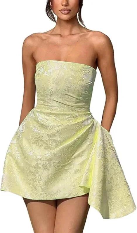 Beautiful Ruched Satin Mini Party Dress Strapless Floral Jacquard Homecoming Dress with Pocket - Image 9