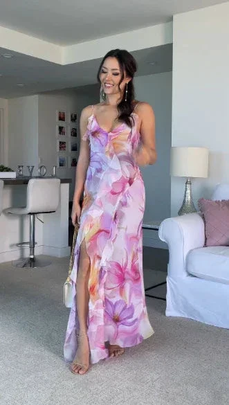 Beautiful Ruffle Graphic Floral Print Low Backless Long Prom Dress Slit Party Evening Dress Y8099 - Image 3