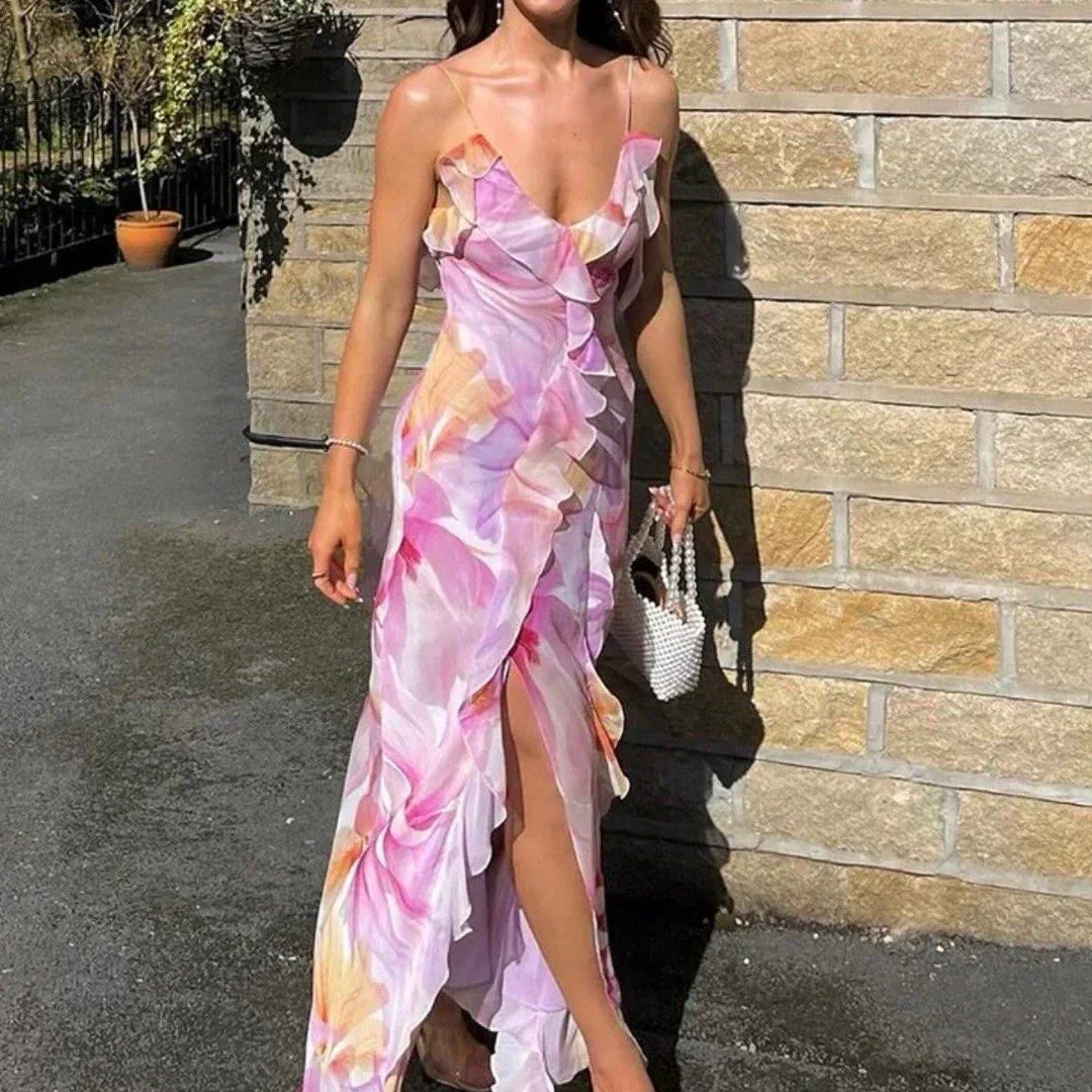 Beautiful Ruffle Graphic Floral Print Low Backless Long Prom Dress Slit Party Evening Dress Y8099 - Image 4
