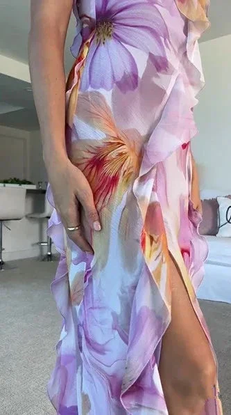 Beautiful Ruffle Graphic Floral Print Low Backless Long Prom Dress Slit Party Evening Dress Y8099 - Image 5