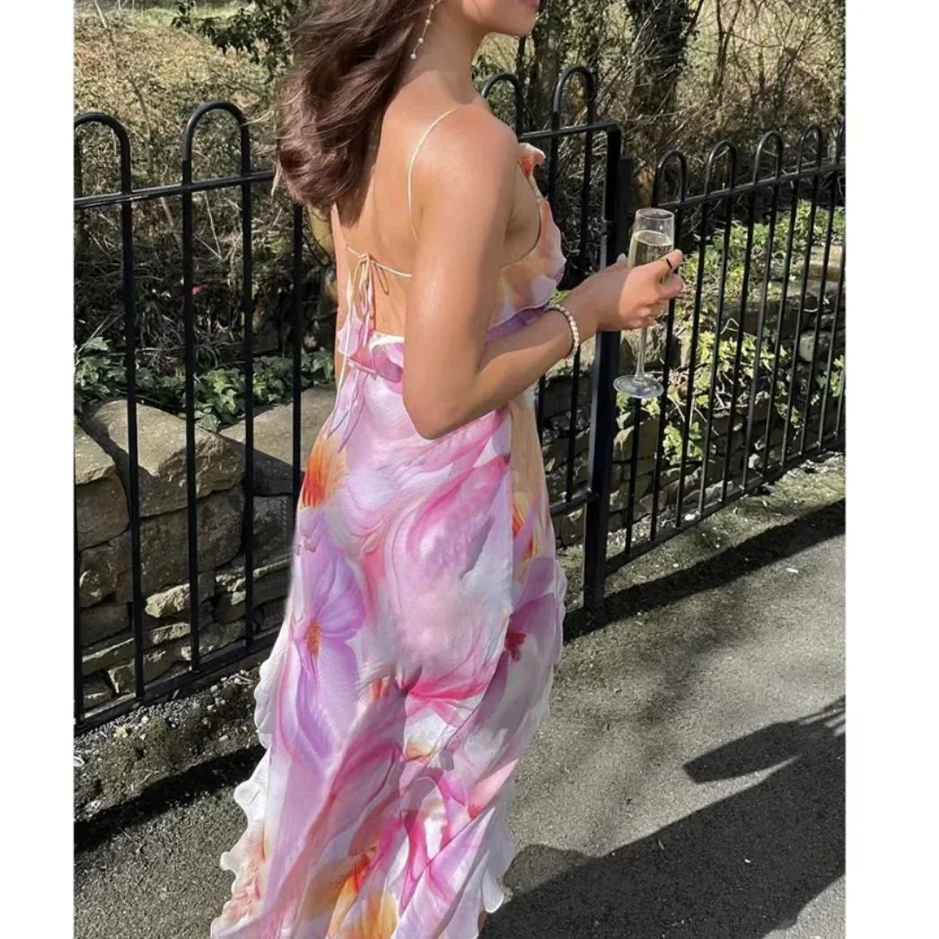 Beautiful Ruffle Graphic Floral Print Low Backless Long Prom Dress Slit Party Evening Dress Y8099 - Image 6
