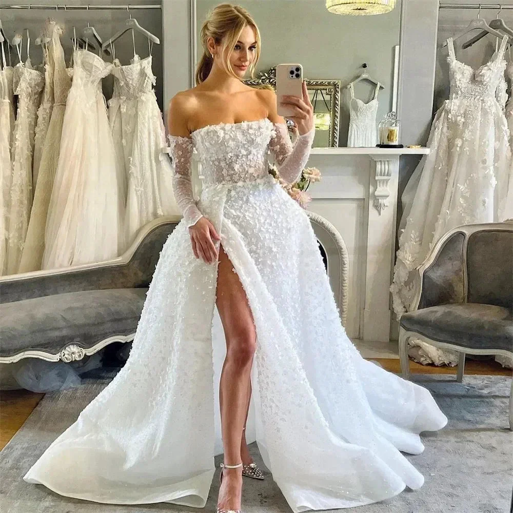 Beautiful Sexy Long Sleeved Wedding Dresses Spaghetti Straps Simple White Backless Pleat High Split Princess Bride Gowns 2024 - Image 3