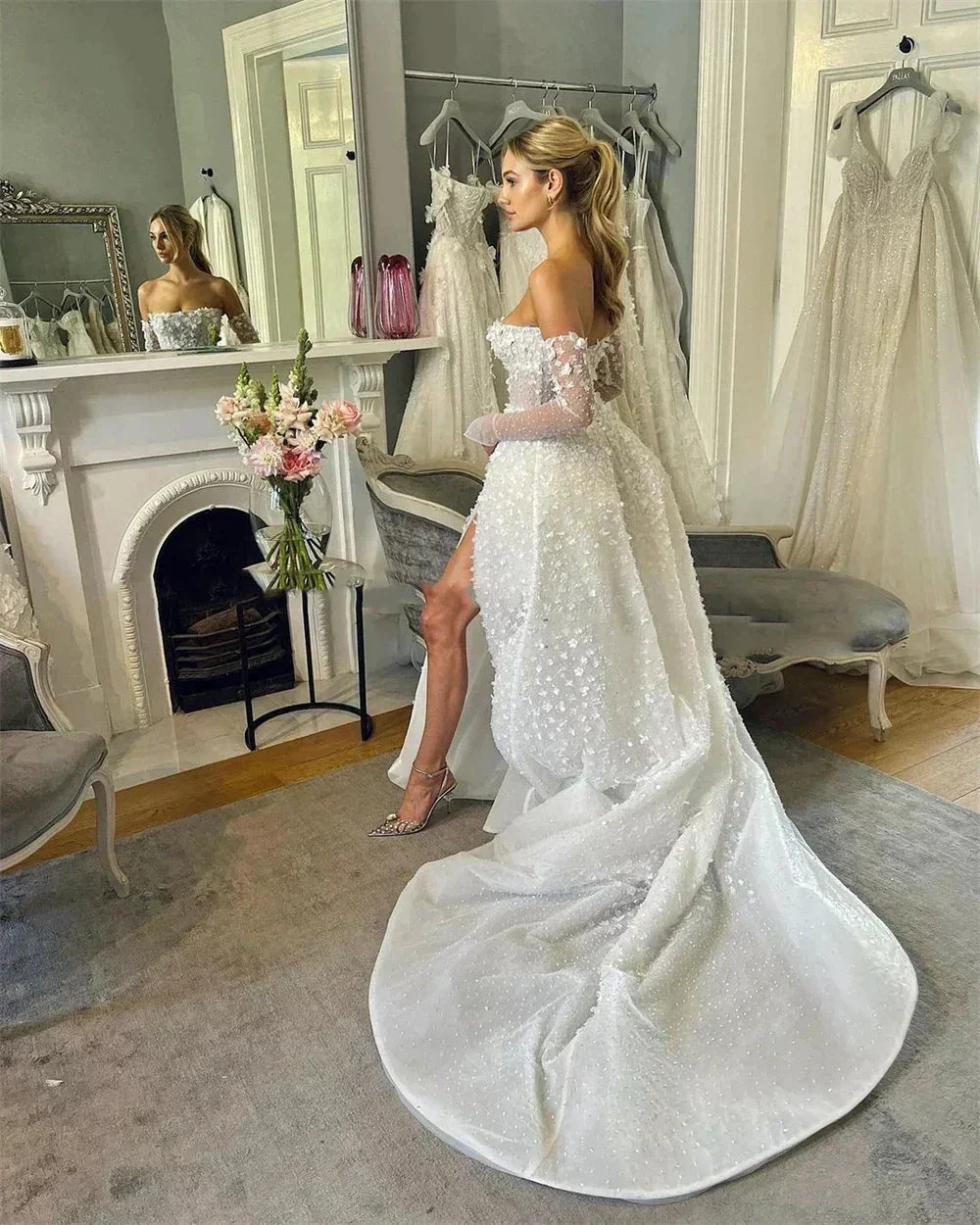 Beautiful Sexy Long Sleeved Wedding Dresses Spaghetti Straps Simple White Backless Pleat High Split Princess Bride Gowns 2024 - Image 4
