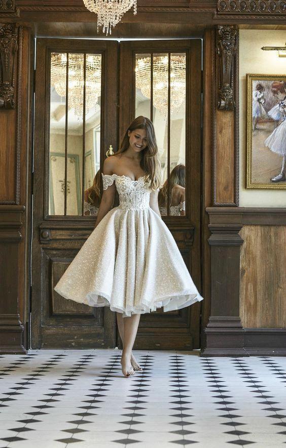 Beautiful Short A-line Glitter Off-the-Shoulder Lace Appliques Wedding Dress - Image 2
