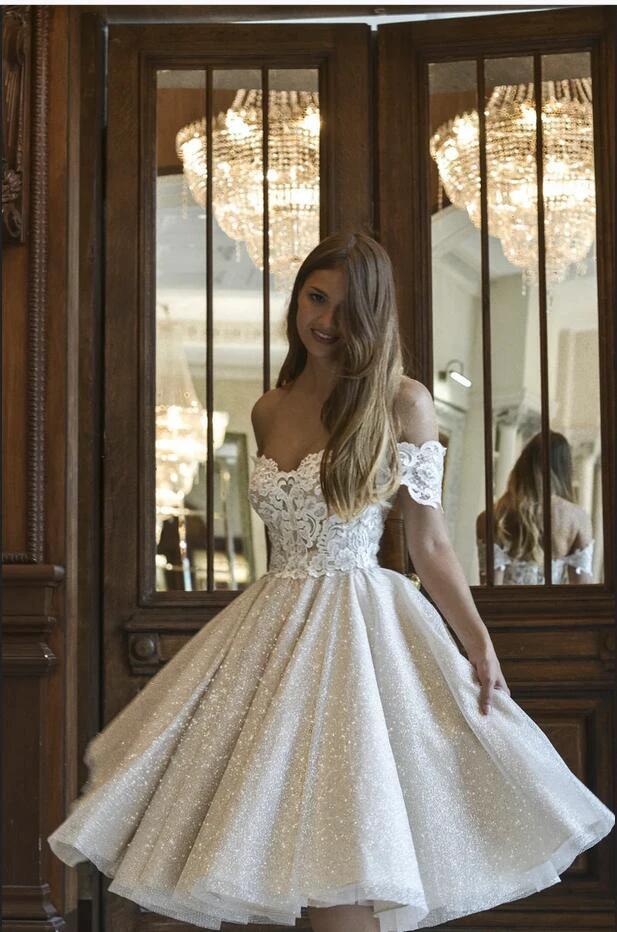 Beautiful Short A-line Glitter Off-the-Shoulder Lace Appliques Wedding Dress - Image 3