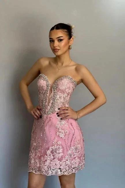 Beautiful Short Column Satin Lace Sweetheart Sleeveless Pink Homecoming Dresses With Appliques - Image 2