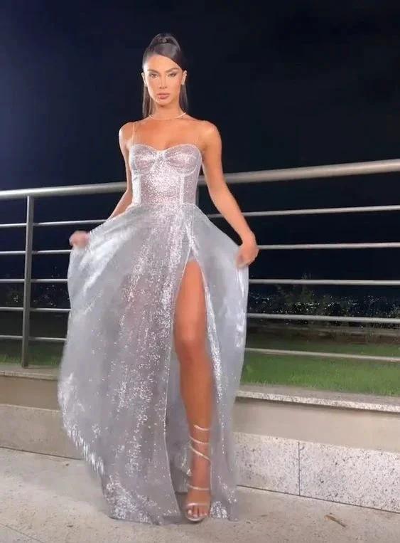 Beautiful Silver Straps Long Evening Dresses With Slit Y1024 - Image 2