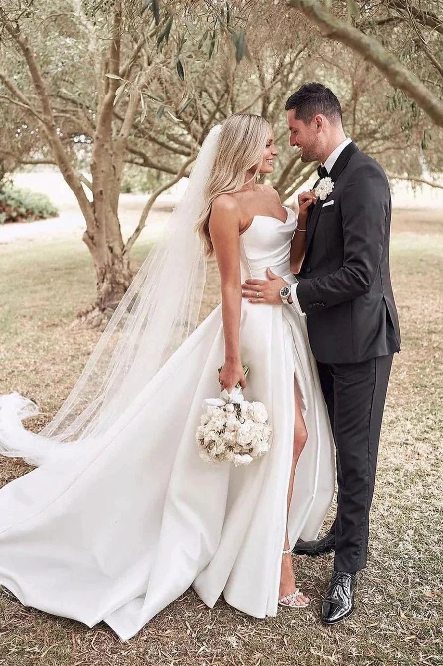 Beautiful Simple White A-line Wedding Dress With Side Slit - Image 2