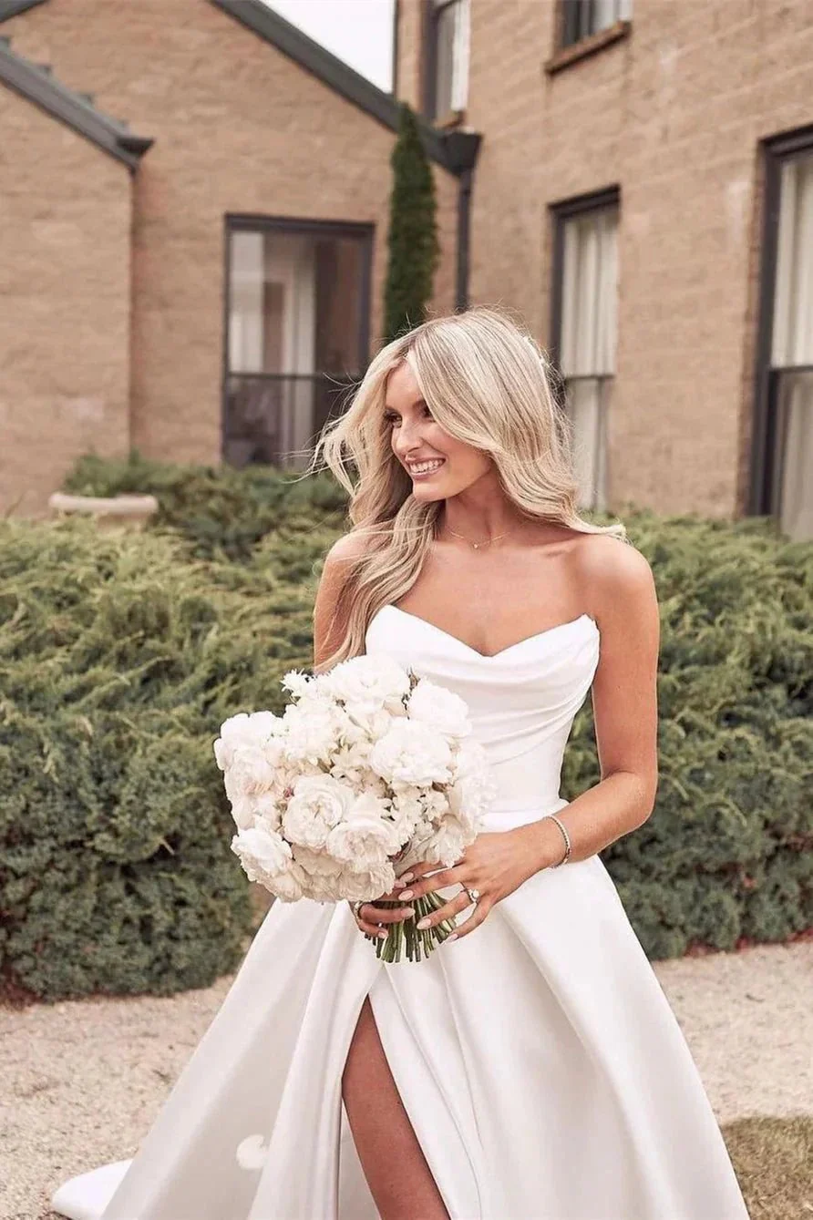 Beautiful Simple White A-line Wedding Dress With Side Slit - Image 3
