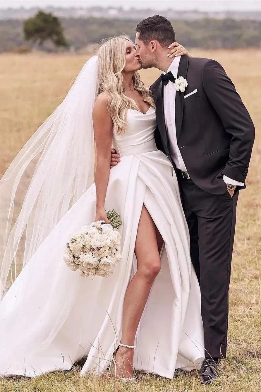 Beautiful Simple White A-line Wedding Dress With Side Slit - Image 4