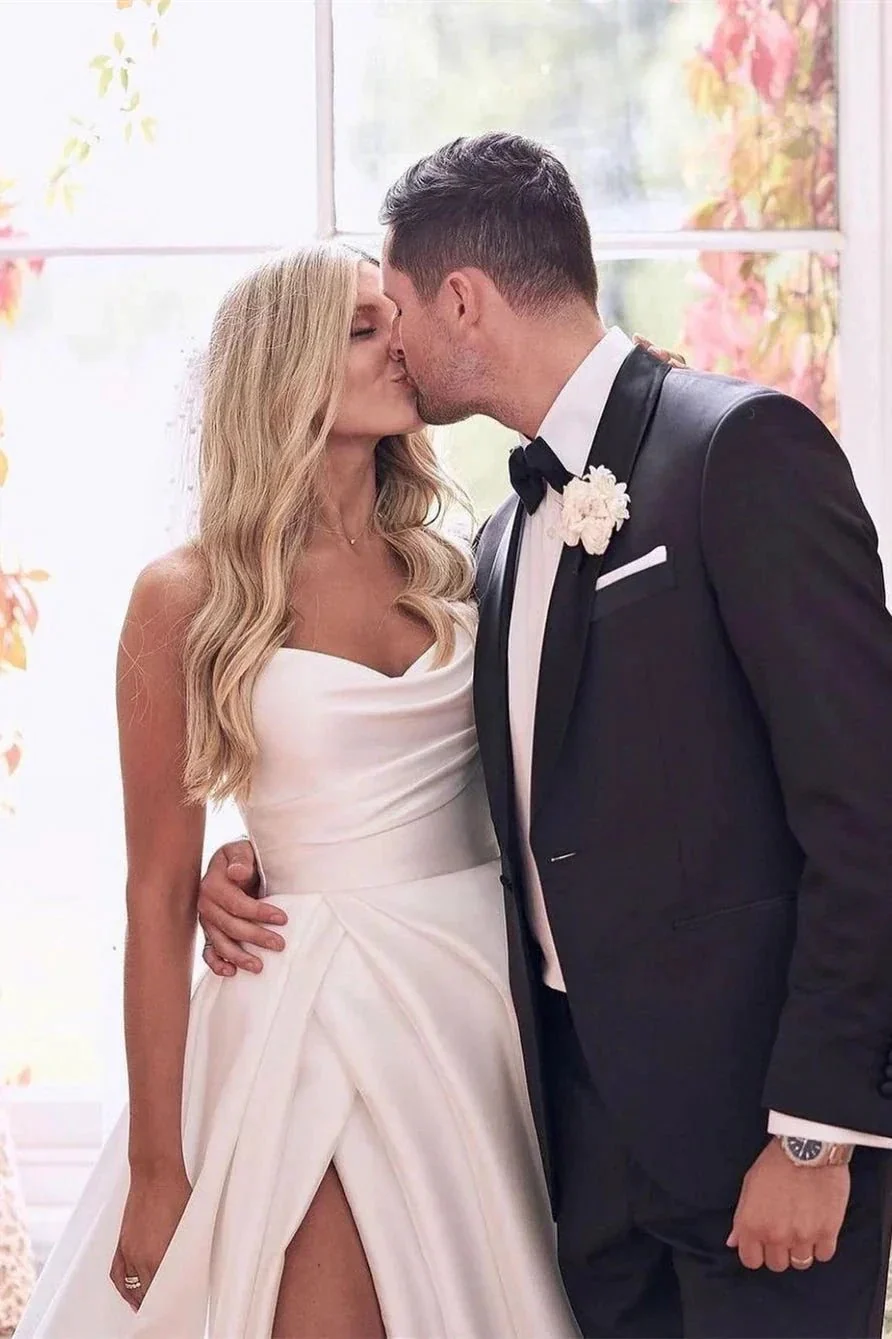 Beautiful Simple White A-line Wedding Dress With Side Slit - Image 7