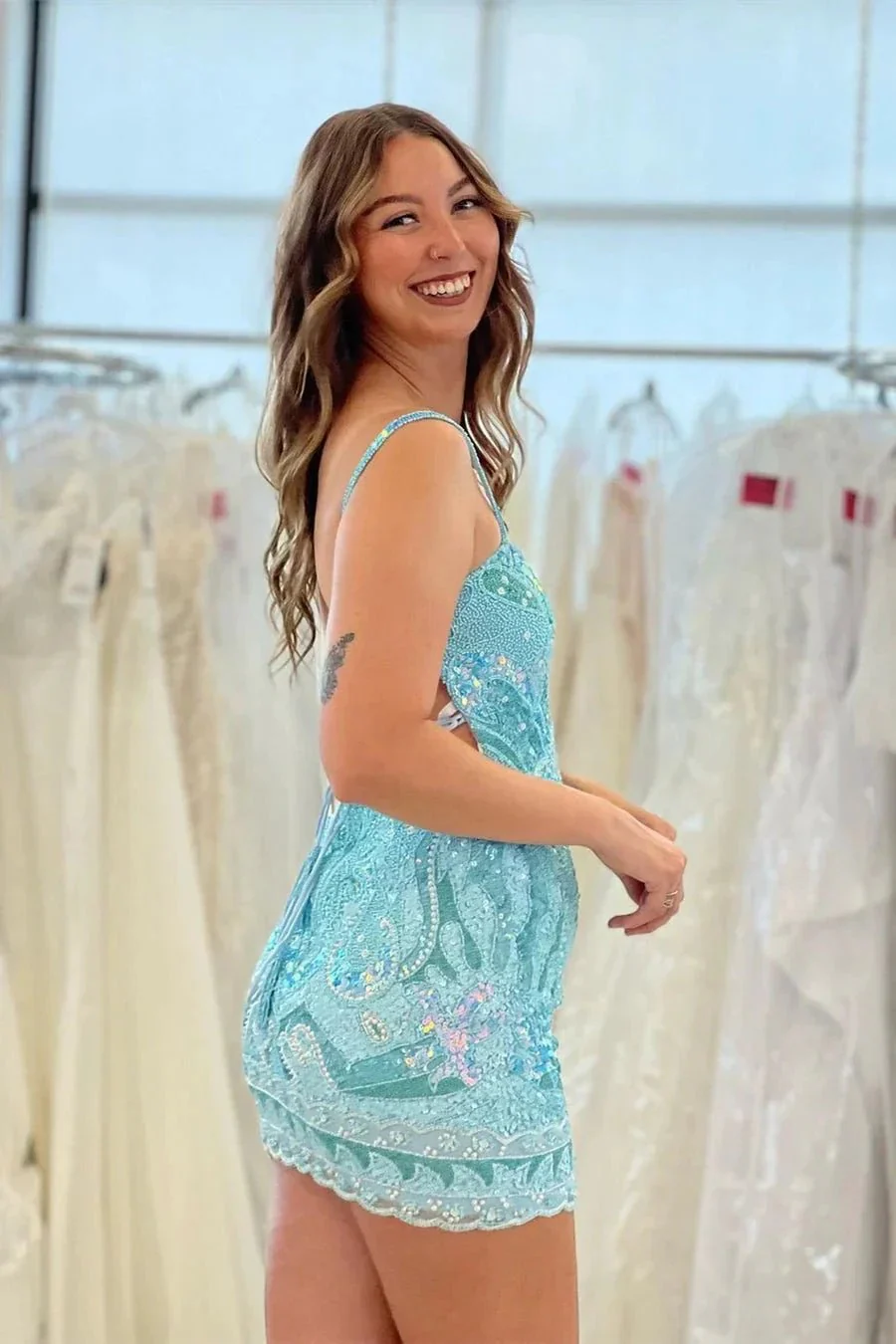 Beautiful Spaghetti Straps Backless Sleeveless Homecoming Dress With Lace - Image 4