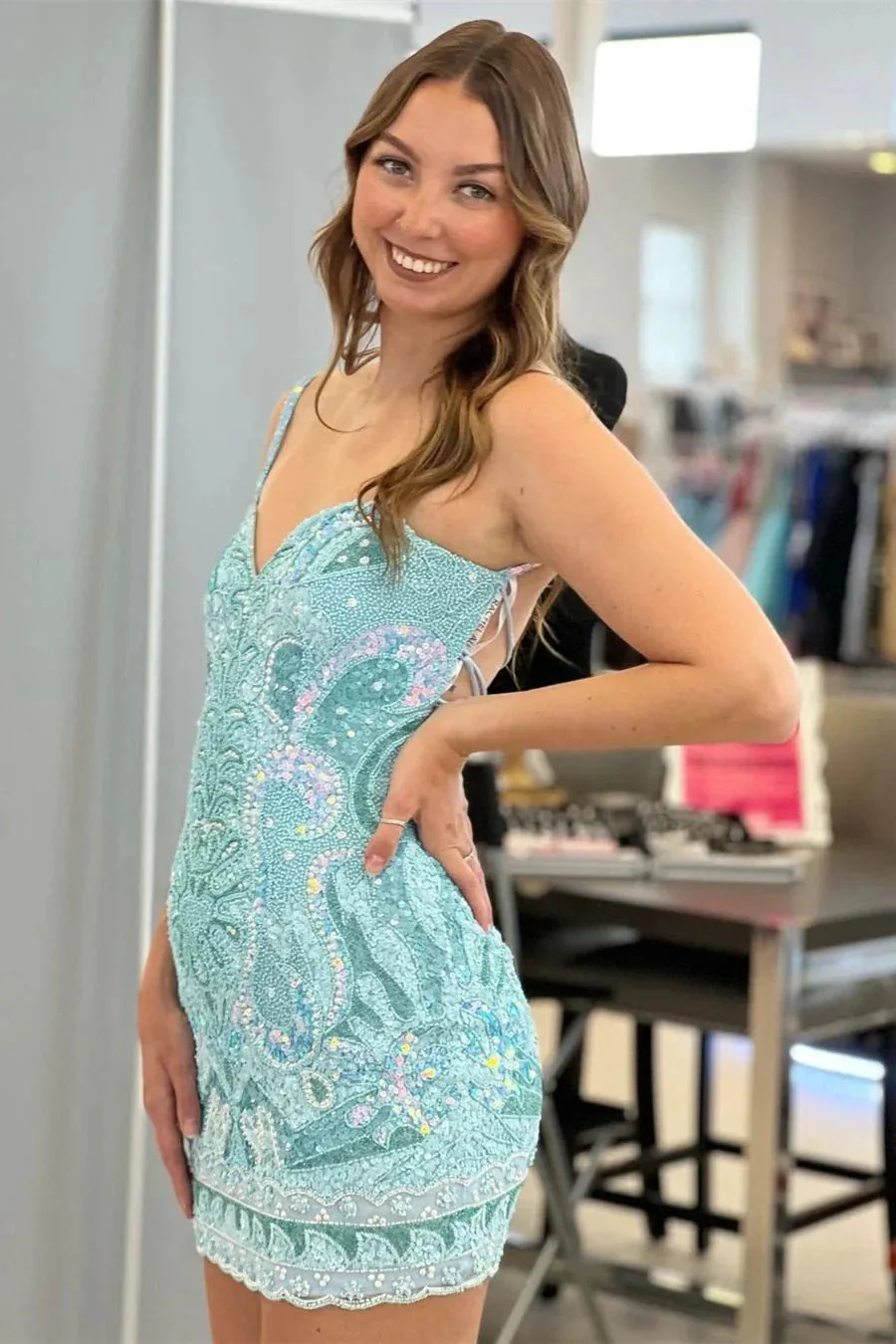 Beautiful Spaghetti Straps Backless Sleeveless Homecoming Dress With Lace - Image 6