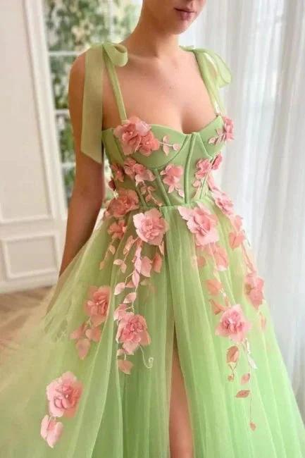 Beautiful spaghetti straps sleeveless a-line soft net evening dresses split front - Image 2