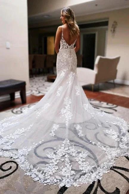 Beautiful Spaghetti Straps V-neck Blackless Lace Mermaid Wedding Dresses - Image 2