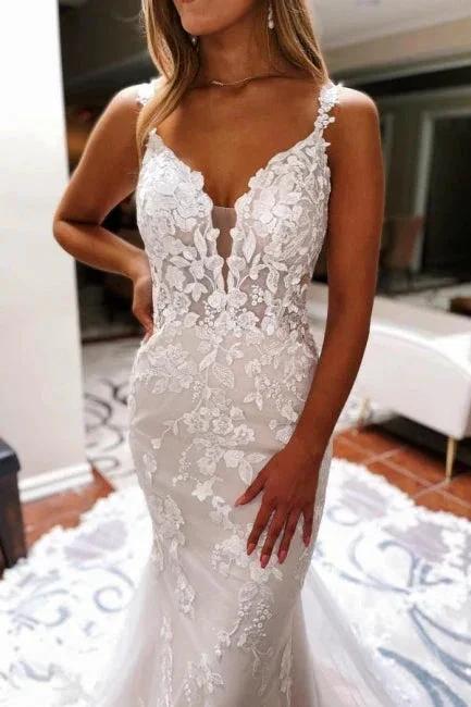Beautiful Spaghetti Straps V-neck Blackless Lace Mermaid Wedding Dresses - Image 3