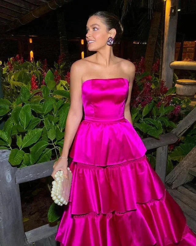 Beautiful Strapless Satin Tiered Party Prom Dress Hot Pink Satin A Line Evening Gown Y8003 - Image 2
