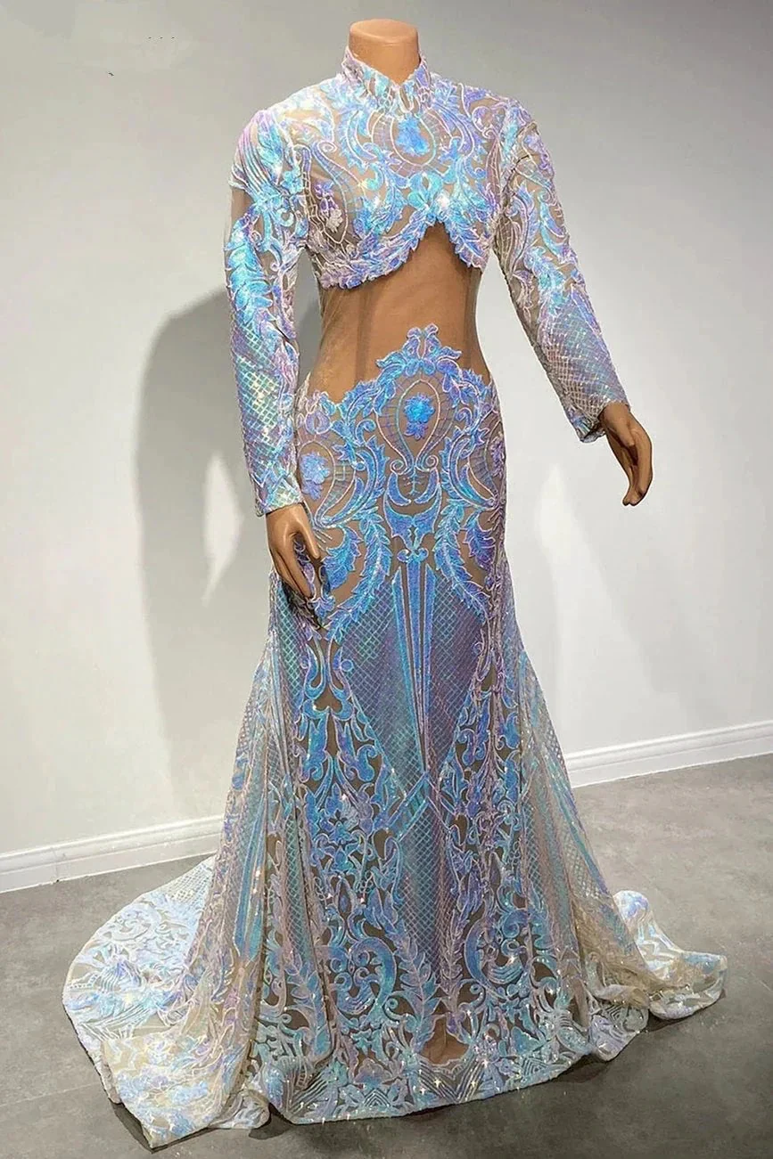 Beautiful Two Piece High-neck Long Sleeve Floor-length A-Line Prom Dresses - Image 2