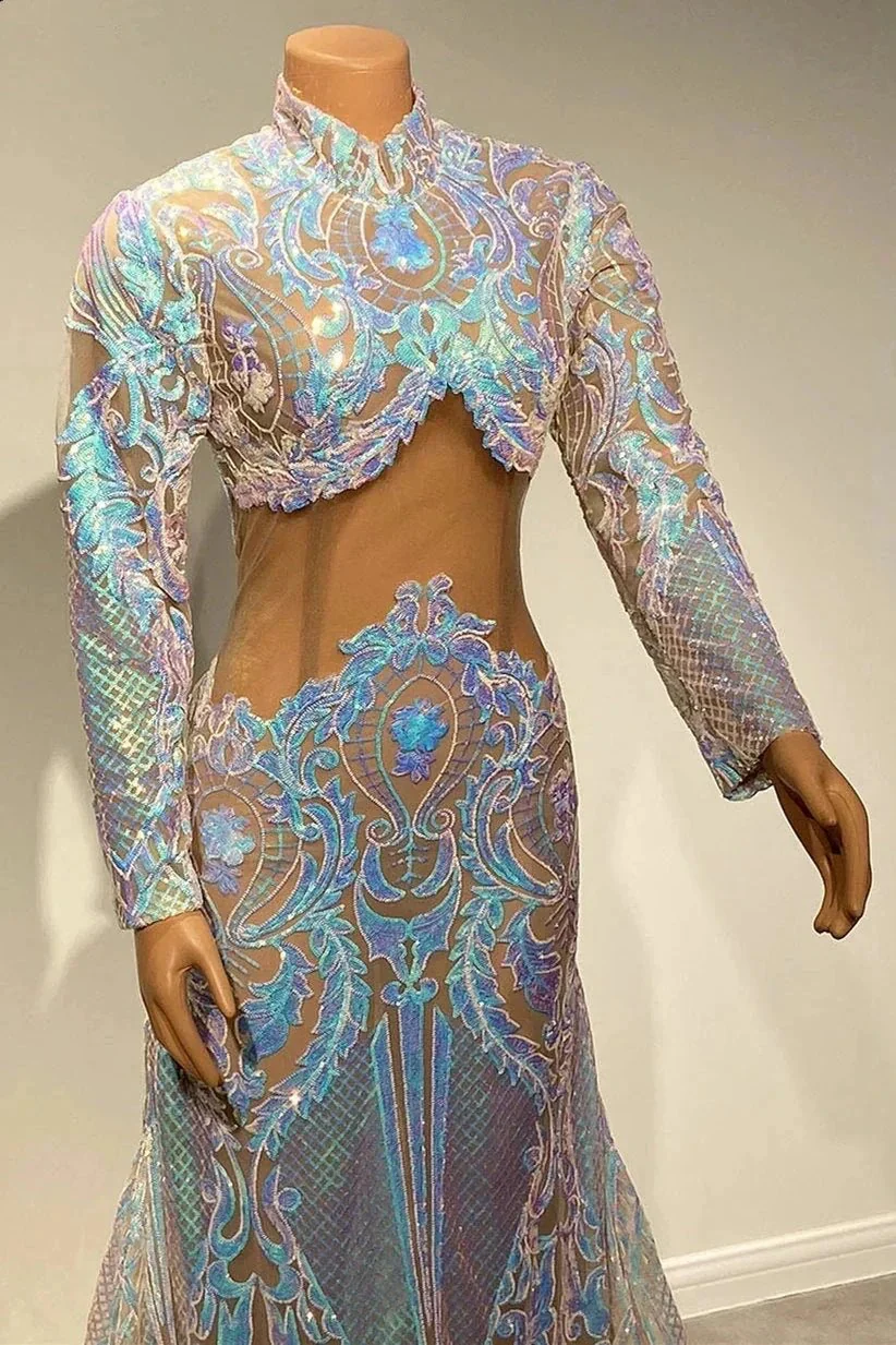 Beautiful Two Piece High-neck Long Sleeve Floor-length A-Line Prom Dresses - Image 3