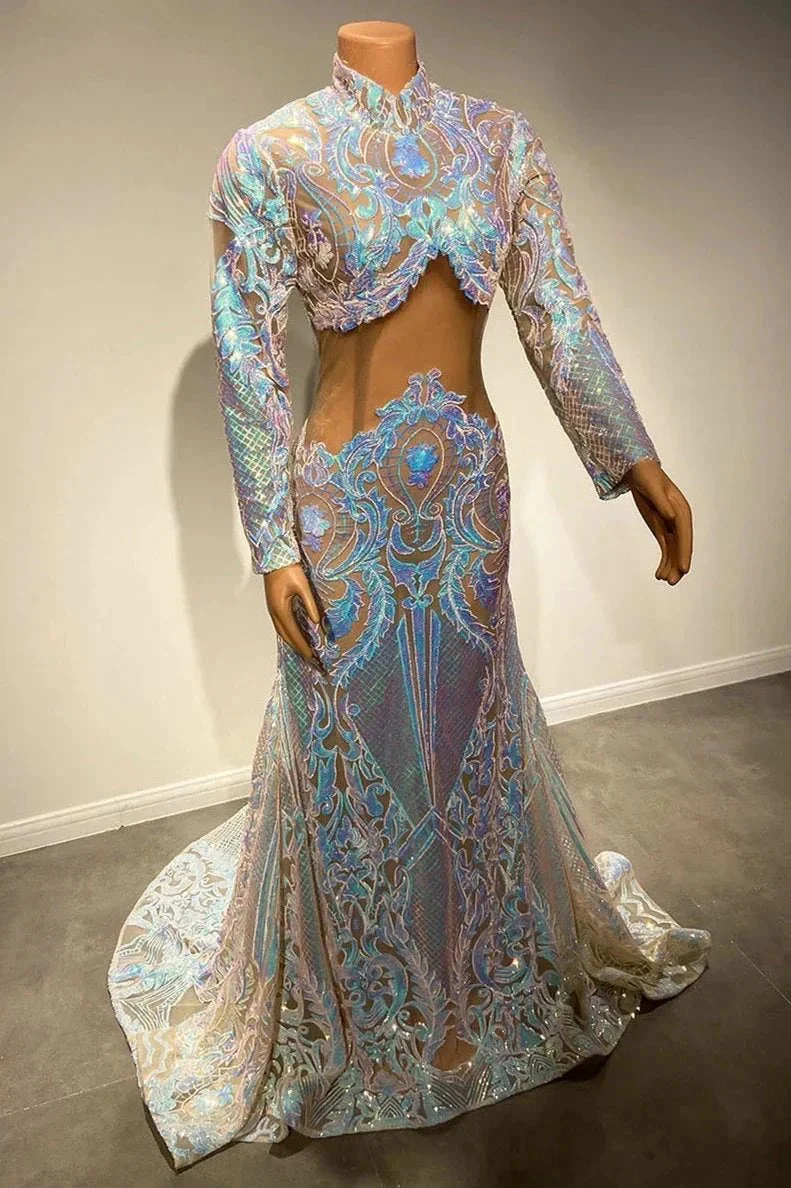 Beautiful Two Piece High-neck Long Sleeve Floor-length A-Line Prom Dresses - Image 4
