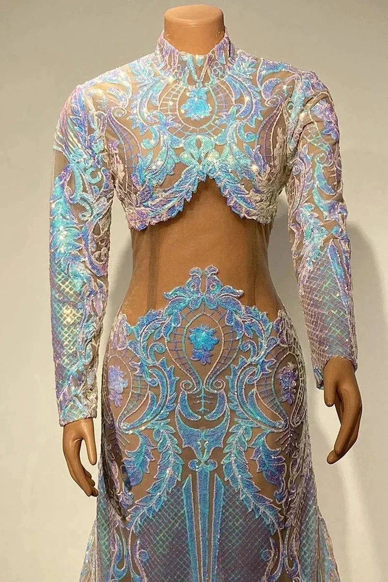 Beautiful Two Piece High-neck Long Sleeve Floor-length A-Line Prom Dresses - Image 5