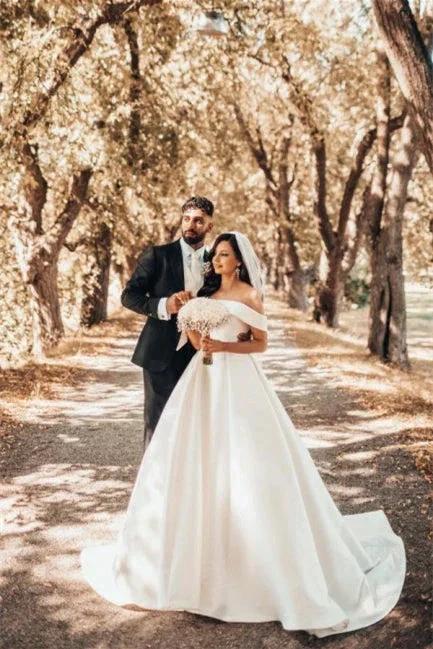 Beautiful White A-line Off-the-shoulder Satin Wedding Dress - Image 2