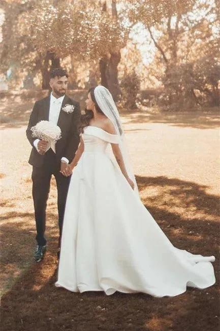 Beautiful White A-line Off-the-shoulder Satin Wedding Dress - Image 4