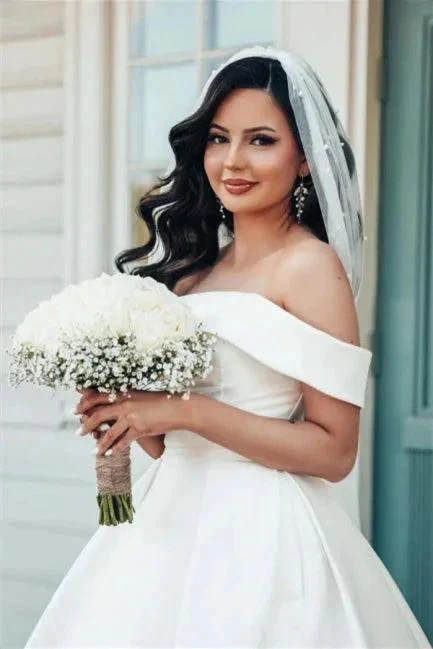 Beautiful White A-line Off-the-shoulder Satin Wedding Dress - Image 7