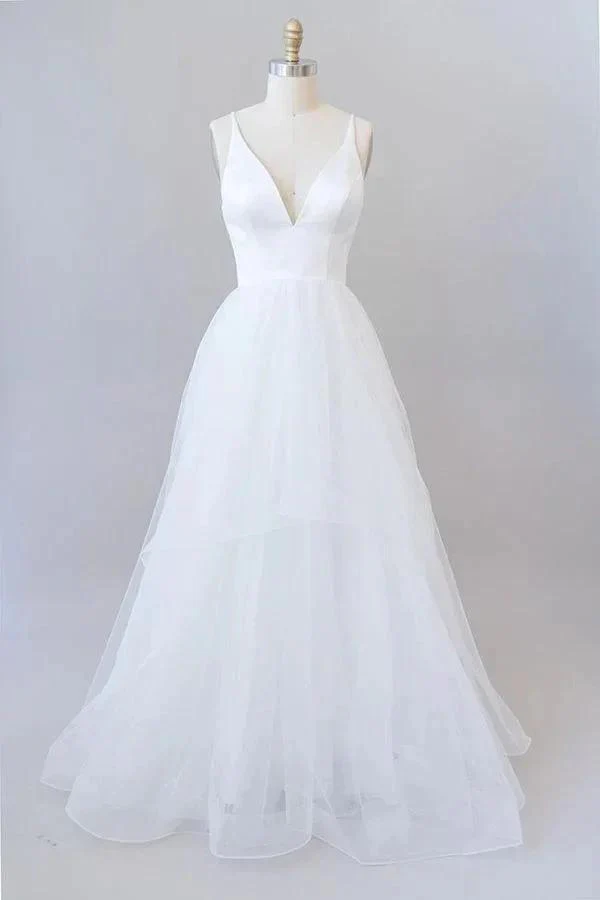 Beautiful White Long A-line V-neck Tulle Backless Wedding Dress - Image 2