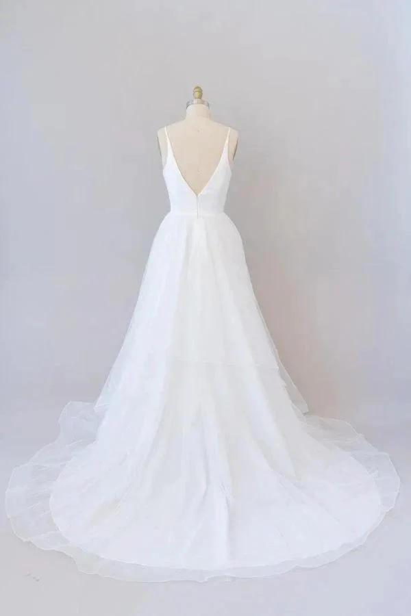 Beautiful White Long A-line V-neck Tulle Backless Wedding Dress - Image 3