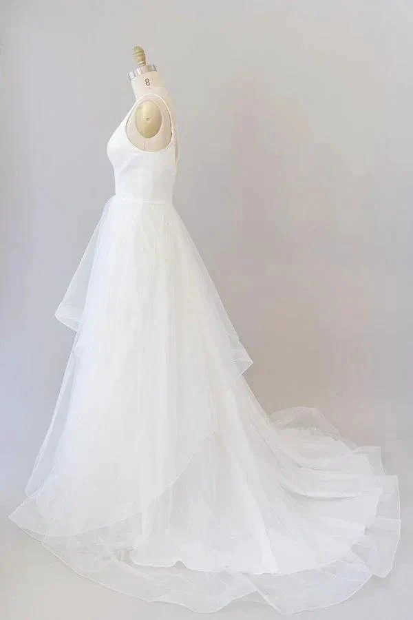 Beautiful White Long A-line V-neck Tulle Backless Wedding Dress - Image 4