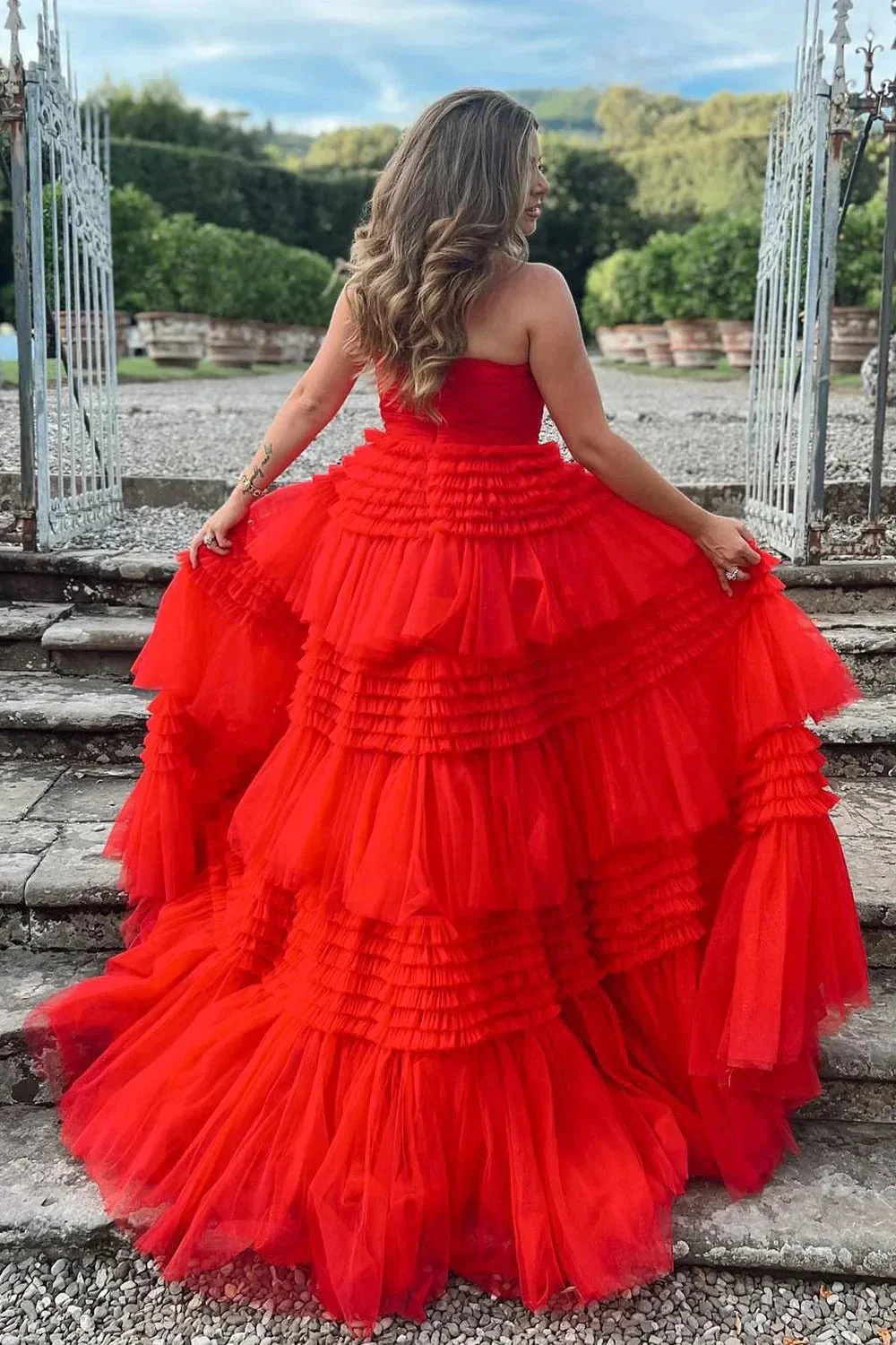 Daniela |A-Line Strapless Tulle Long Prom Dress with Tiered Ruffles - Image 10