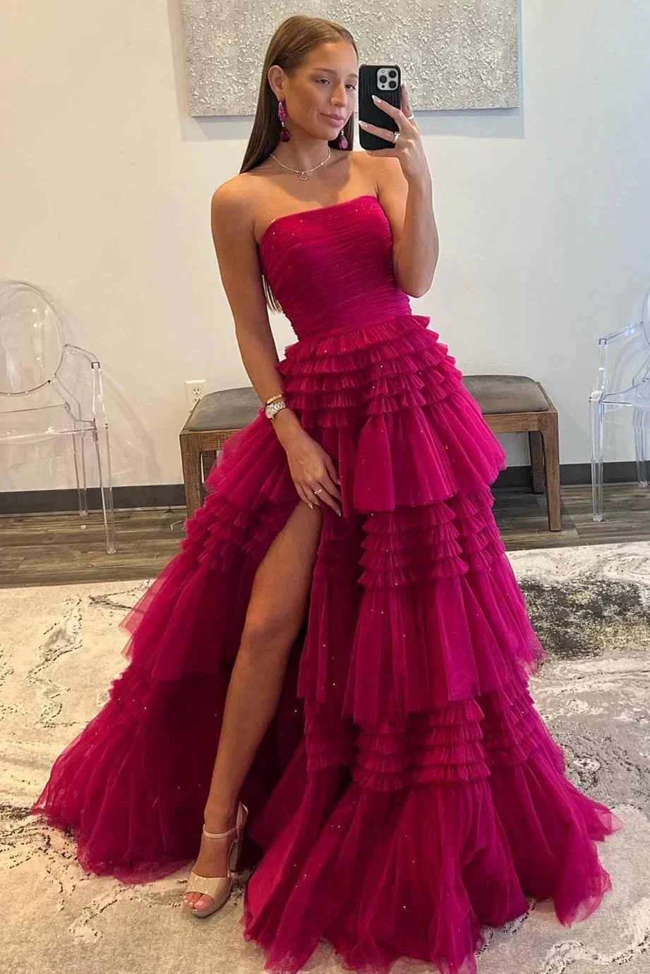 Daniela |A-Line Strapless Tulle Long Prom Dress with Tiered Ruffles - Image 2